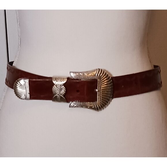 Tony Barcelo Accessories - Vintage Tony Barcelo Western Brown Leather Belt Silver Buckle & Hardware Size M